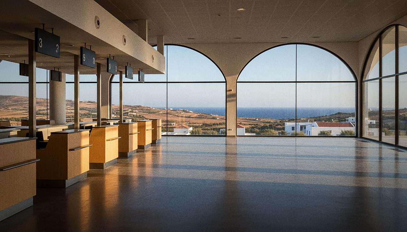 Abflughalle des Flughafens Chania mit Check-in-Schaltern