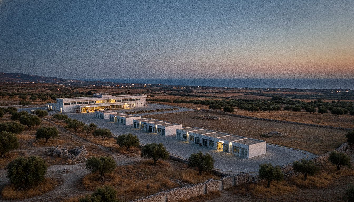 Mietwagenschalter vor der Ankunftshalle des Flughafens Chania
